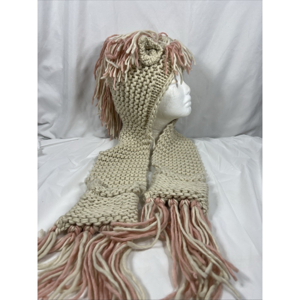 Girl's Crochet Hooded Scarf with‎ Ears/Mane/ Pink/Cream with Pockets